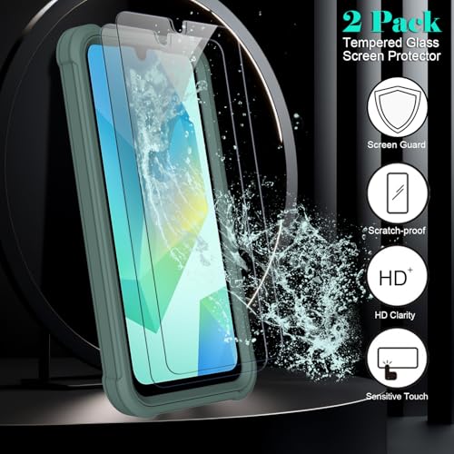 for Samsung Galaxy A16 5G Case with 2 Pack Tempered Glass Screen Protector, [Holster Series] Belt Clip Hard Tough Heavy Duty Rugged Shockproof Protective Cell Phone Case (Dark Green) - color: Dark Green