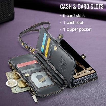 Defencase for Samsung Galaxy Z Fold 6 Wallet Case with Card Holder, Black | Durable Soft PU Leather, RFID Blcking Zipper Pocket, with S-Pen Holder & Strap, Flip Phone Cases with Stand for Women Men - color: Black