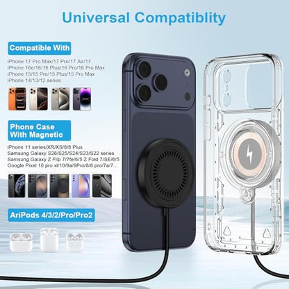 15W Magnetic Wireless Charger for Samsung S26 Ultra S26+ Android Wireless Charger Fast Charging Pad for Galaxy S25 FE Ultra S24 S23 S22 S21 Z Fold 7, iPhone 17 16 15 14 13, USB-C/A for MagSafe Charger - color: Black