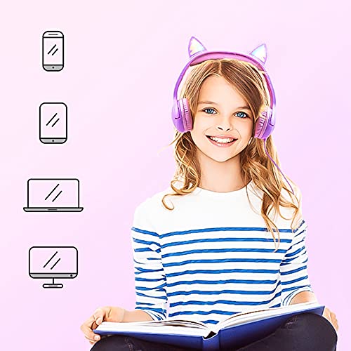 Olyre Kids Wired Headphones LED Light-Up Cat Ears Headset, Dual Audio Jack - color: Purple