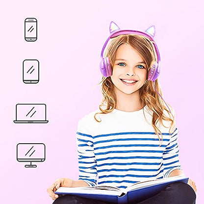 Olyre Kids Wired Headphones LED Light-Up Cat Ears Headset, Dual Audio Jack - color: Purple