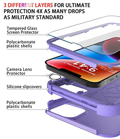 Diverbox for iPhone 14 Case [Shockproof] [Dropproof] [Tempered Glass Screen + Camera Lens Protector],Heavy Duty Protection Phone Case Cover for Apple iPhone 14 (Purple) - color: Purple-3in1