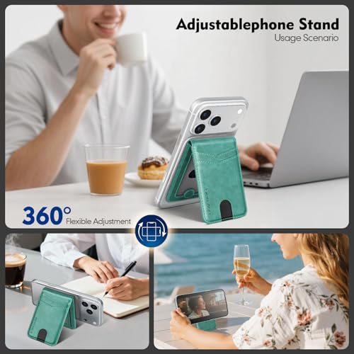RFID Blocking MagSafe Wallet Stand with Card Holder,5 Card Slots & ID Window,PU Leather Magnetic Phone Adjustable Kickstand for iPhone 12/13/14/15/16/17 Pro Max & Air Plus Series,Blue Green - color: Blue Green, style: Stand Wallet
