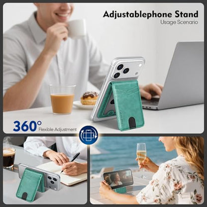 RFID Blocking MagSafe Wallet Stand with Card Holder,5 Card Slots & ID Window,PU Leather Magnetic Phone Adjustable Kickstand for iPhone 12/13/14/15/16/17 Pro Max & Air Plus Series,Blue Green - color: Blue Green, style: Stand Wallet