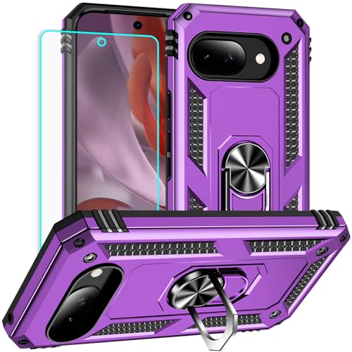 Yiakeng for Google Pixel 9A Case: with Screen Protector - Military Grade Protective Cases with Finger Ring Holder Kickstand for Pixel 9A(Purple) - color: Purple, size: Google Pixel 9A Case