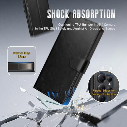 Wallet Case for Samsung Galaxy S25 Ultra, Black | RFID-Blocking Card Holder, Kickstand, Magnetic Closure, PU Leather Folio Flip Cover, Protective Women Men Cases - color: Black, size: Samsung Galaxy S25 Ultra