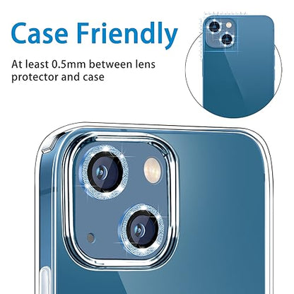 for iPhone 13 Mini & iPhone 13 Camera Lens Protector, Bling Glitter 9H Tempered Glass Camera Cover Anti Scratch Shockproof Screen Protector Individual Ring - 2Pcs Glitter Blue - color: Blue Glitter