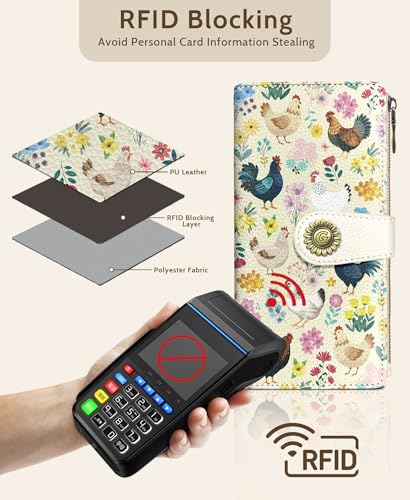 GIANCOMICS Chicken Rooster Womens Wallet RFID, Credit Card Holder Bifold | Billfold, Cute Cash Purse, Travel Zipper Coin Pocket, Compact Clutch, PU Leather, ID Window, 11 Card Slots, Ladies Gift Woman - color: Chicken
