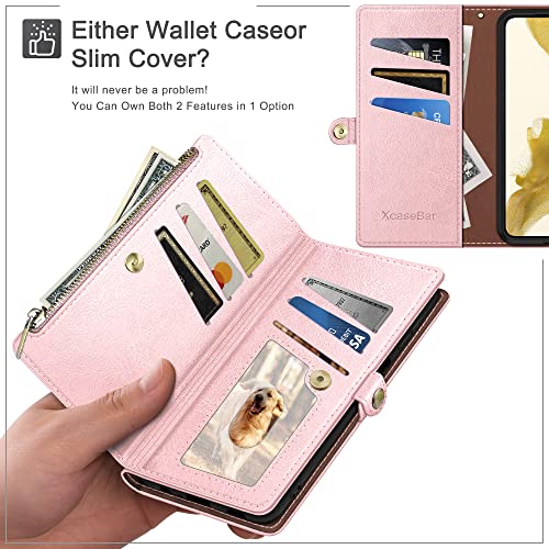 XcaseBar Compatible with ‌iPhone 16e 6.1"/17e 6.1" Wallet case with Zipper Credit Card Holder【RFID Blocking】,Flip Folio Book Leather Phone case Shockproof Cover Women Men for Apple 16e case Rose Gold - color: Rose Gold