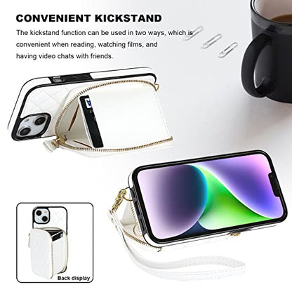 Bocasal Crossbody Wallet Case Card Holder for iPhone 13, White | RFID Blocking PU Leather Zipper Handbag Purse, Kickstand Flip Folio Case with Card Slots Holder Wrist Strap Lanyard 6.1 Inch - color: White