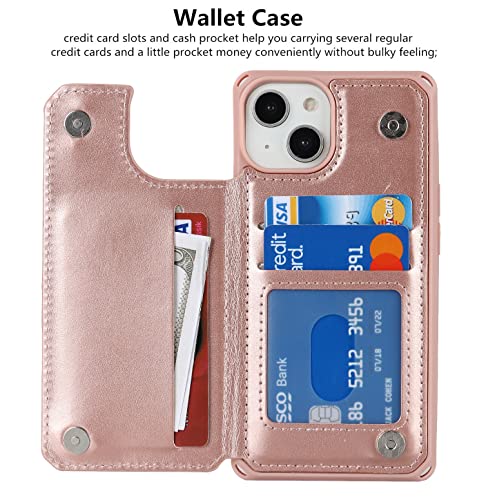 iCoverCase Compatible with iPhone 14 Wallet Phone Case with Card Holder for Women, RFID Blocking Embossed PU Leather Wrist Strap Case 6.1 Inch (Macaron Rose Gold) - color: P-Rose Gold