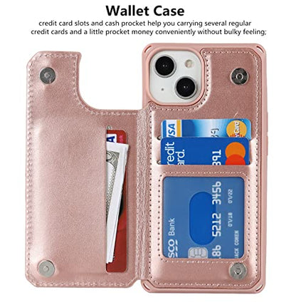 iCoverCase Compatible with iPhone 14 Wallet Phone Case with Card Holder for Women, RFID Blocking Embossed PU Leather Wrist Strap Case 6.1 Inch (Macaron Rose Gold) - color: P-Rose Gold