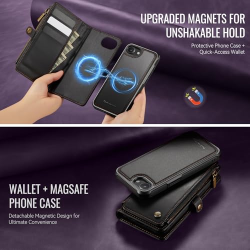 Defencase for iPhone 17e/16e Case Wallet Compatible with Magsafe, Black | Drop-Proof Magnetic Detachable Phone Cases Cover, with RFID Bolcking Card Holder, Zipper Strap, PU Leather, Removable Wallet - color: (Detachable with Magsafe)-Black