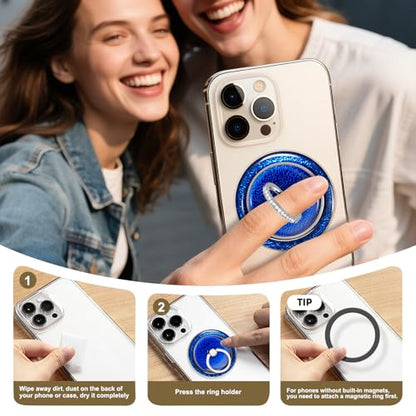 Blue Sparkly Magnetic Ring Grip for MagSafe, Bling Phone Stand - color: Blue