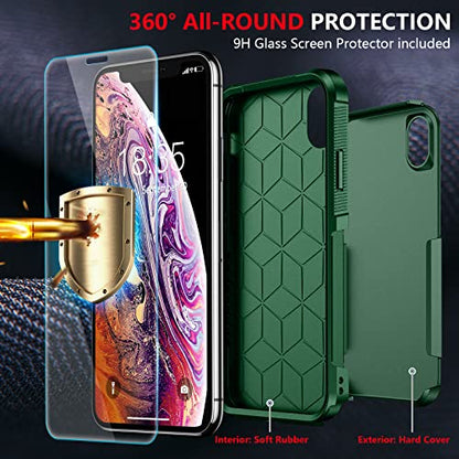 SPIDERCASE for iPhone Xs Max Case, [10 FT Military Grade Drop Protection] [2 pcs Tempered Glass Screen Protector] Shockproof Airbag Cushion Protective Case for iPhone Xs Max 6.5” (Dark Green) - color: Dark Green