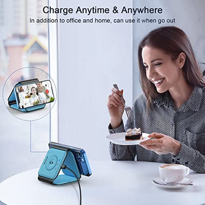 3 in 1 Wireless Charging Station for Apple,Foldable Magnetic Travel Charger - color: ice blue