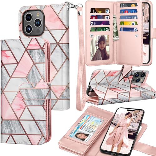 Tekcoo Wallet Case Compatible with iPhone 16 Pro Max (6.9 inch) 2024 Luxury ID Cash Credit Card Slots Holder Carrying Pouch Folio Flip PU Leather Cover [Detachable Magnetic Hard Case] Strap [Marble] - color: Marble, size: 16 Pro Max