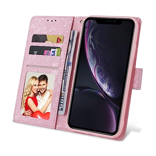 UEEBAI Wallet Case for iPhone 13, PU Leather Phone Cover Kickstand RFID Blocking Flip Case Card Slots Wrist Strap Relief Engraved Pattern Magnetic Closure Flower Folio Wallet, Black Rose - color: Black Rose, size: iPhone 13