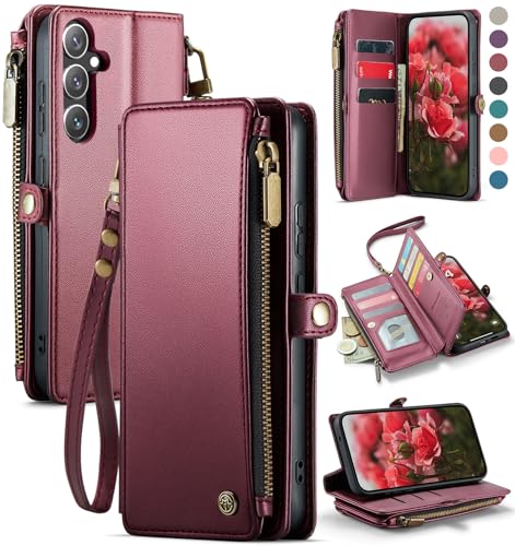 Defencase for Samsung Galaxy S25+/Plus Wallet Case with Card Holder, W-Red | with RFID Blocking Zipper Pocket, Durable PU Leather, Wrist Strap, S25 Plus Flip Phone Cases Cover with Stand for Women Men - color: Wine Red