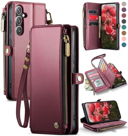 Defencase for Samsung Galaxy S25+/Plus Wallet Case with Card Holder, W-Red | with RFID Blocking Zipper Pocket, Durable PU Leather, Wrist Strap, S25 Plus Flip Phone Cases Cover with Stand for Women Men - color: Wine Red