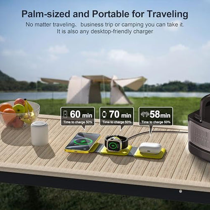 3 in 1 Charging Station for Multple Devices,Foldable 3 in 1 Wireless Charger for Travel,Nano Wireless Charging Station for iPhone16 15 14 13 12 Pro Max/Watch 10 9 8 7 6 5 4 3 Ultra/AirPod Pro - color: Yellow