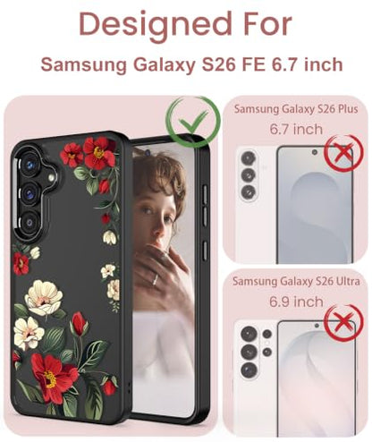 Crystal Clear Flower Pattern Case for Samsung Galaxy S26 FE-Black | Girl Women Slim Soft TPU + Hard PC Military Grade Protective Phone Cover WithTempered Glass Screen Protector for S26 FE - color: S26 FE-Black