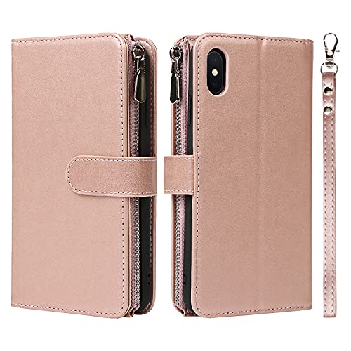 iCoverCase for iPhone X/XS Wallet Case with Card Holder and Wrist Strap, PU Leather Kickstand Card Slots Zipper Pocket Magnetic [Detachable] Flip Cover Case 5.8 Inch (Rose Gold) - color: Rose Gold