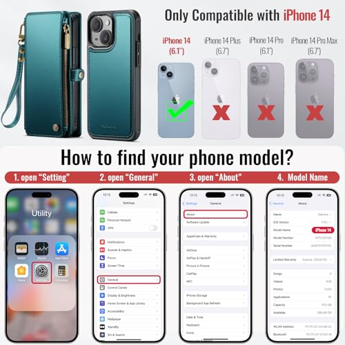 Defencase for iPhone 14 Phone Case Wallet Compatible with Magsafe, Green | Magnetic Detachable, Drop-Proof Protective Wallet Cases Cover, with RFID Bolcking Card Holder, Zipper Strap, Soft PU Leather - color: (Detachable with Magsafe)-Blue Green