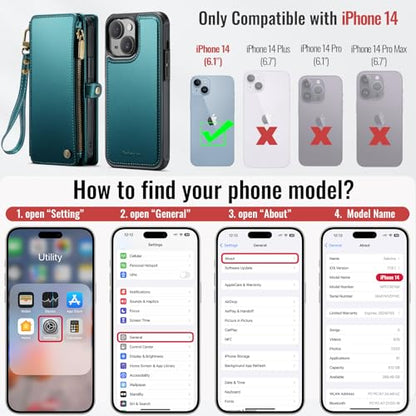 Defencase for iPhone 14 Phone Case Wallet Compatible with Magsafe, Green | Magnetic Detachable, Drop-Proof Protective Wallet Cases Cover, with RFID Bolcking Card Holder, Zipper Strap, Soft PU Leather - color: (Detachable with Magsafe)-Blue Green