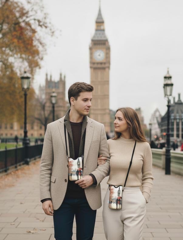 Tainada Neoprene Neck Cell Phone Pouch w/Crossbody Strap (Autumn in London) | For Men/Women; Lightweight cellphone case bag w/ adjustable lanyard; Original design, made in Taiwan; Fits most smartphones - color: Autumn in London