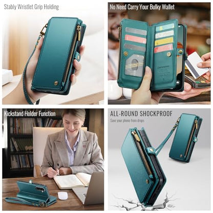 Defencase for Samsung Galaxy A36 5G Wallet Case with Card Holder, Bluegreen | RFID Blocking, Zipper Pocket, Durable PU Leather, Wrist Strap, Fashion Snap Flip Phone Cases Cover with Stand for Women Men - color: Blue Green