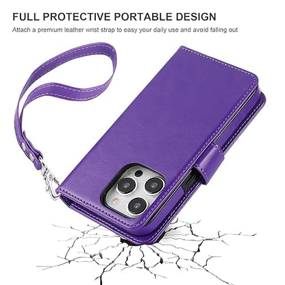 Bocasal Detachable Wallet Case Card Holder for iPhone 15 Pro, Purple | RFID Blocking Kickstand Card Slots Holder PU Leather Magnetic Shockproof Wrist Strap Removable Flip Protective Cover 6.1 inch - color: Purple