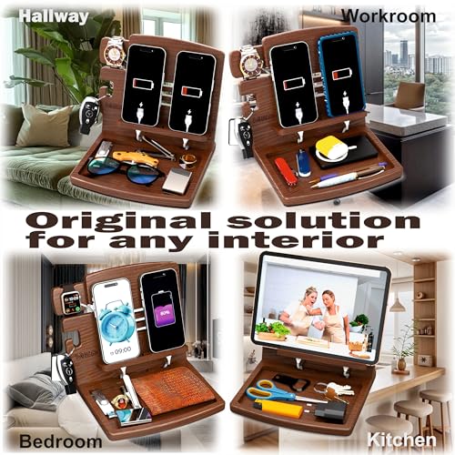 MED Wood Phone Docking Station Nightstand Desk Organizer for Phone, Watch, Wallet & Tablet Gift for Men, Husband, Father's Day, Dad & Women Model 1 (Dark Walnut) - color: Dark Walnut