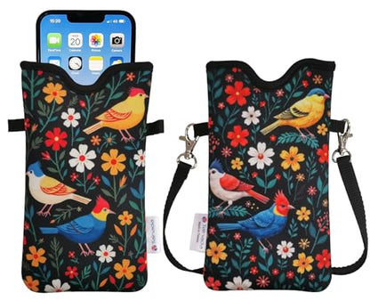 Tainada Neck Cell Phone Pouch w/Crossbody Strap (Colorful Flowers Birds) | For Men/Women; Lightweight small neoprene cellphone holder pocket case carrier bag; Made in Taiwan; Fits most smartphones - color: Colorful Flowers Birds