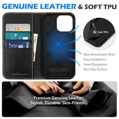 SHIELDON Genuine Leather Case Wallet for iPhone 16 Pro Max, Retro Black | Folio Magnetic Closure, RFID Blocking, Credit Card Holder, Viewing Stand, Shock Absorbing Protective Cover for Men Women - color: Retro Black