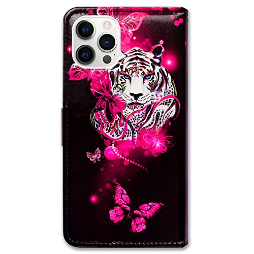 Bcov Case for iPhone 14 Pro, White Tiger Butterfly Leather Flip Phone Case Wallet Cover with Card Slot Holder Kickstand for iPhone 14 Pro - color: White Tiger Butterfly