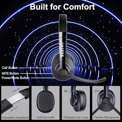 Wireless Bluetooth Headset with CVC8.0 Noise-Cancelling Mic for Work
