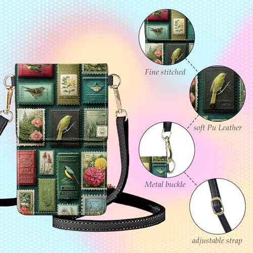Small Crossbody Bags for Women Touchscreen Cell Phone Bag Cross Body Purses with adjustable Strap,Gifts For Teenage Girls - color: Bird and Flower Stamps