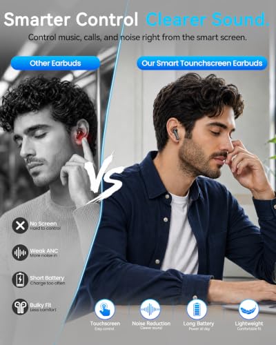 Wireless Earbuds with Smart Touchscreen Case, Bluetooth 6.0 Ear Buds with AI Noise Cancelling Calls, 40H Playtime Stereo Headphones, IPX7 Waterproof Earbuds for Workout, Travel, iPhone, Android, Black - color: Black