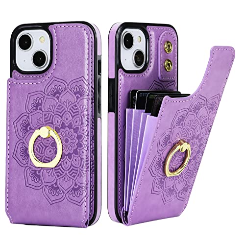 HAOPINSH for iPhone 13/ iPhone 14 Wallet Case with Card Holder, 360°Rotation Ring Kickstand, Purple Mandala Pattern, RFID Blocking Leather for Girls Women, Double Buttons Flip Cover 6.1" - color: Purple Mandala