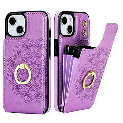 HAOPINSH for iPhone 13/ iPhone 14 Wallet Case with Card Holder, 360°Rotation Ring Kickstand, Purple Mandala Pattern, RFID Blocking Leather for Girls Women, Double Buttons Flip Cover 6.1" - color: Purple Mandala