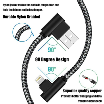 iPhone Charger 1Ft MFi Certified Short Lightning Cable Braided 90 Degree Elbow Charging Cable Compatible with iPhone 14 13 12 11 Pro X XS XR 8 Plus 7 6 5 (Black Grey, 5Pack)