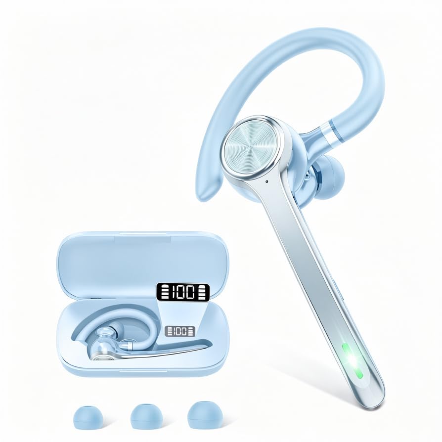 HEIBAS Bluetooth Headset, Wireless Earpiece with Mic for Work Light Blue - color: Light Blue
