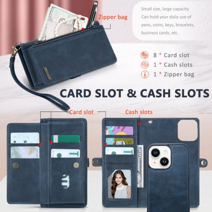 for iPhone 15 Wallet Case, Detachable Magnetic Shockproof Phone Case,Faux Leather Crossbody Wallet,with RFID Blocking，Zipper Card Holder，Shoulder Strap (Dark Blue) - color: Darkblue, size: iPhone 15