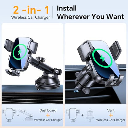 Kaistyle Wireless Car Charger【One Hand Manual Clamping】 Fast Wireless Charger for Car Phone Holder Mount Charger Phone Holders for Your Car Dashboard/Windshield/Vent Truck Mount for iPhone Samsung