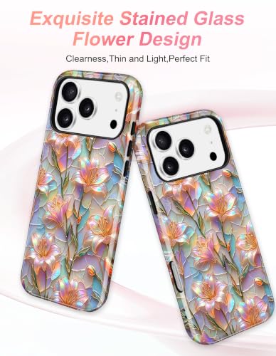 Jusy Magnetic Stained Glass Floral Case for iPhone 16e/17e, Glaze Lily | Compatible with MagSafe, Cute Aesthetic Flower Design, TPU and PC Protective Shockproof Cover - color: Glaze Lily
