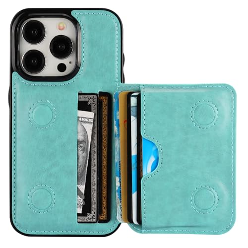 KIHUWEY Compatible with iPhone 15 Pro Wallet Case Credit Card Holder, Premium Leather Kickstand Flip Hidden Magnetic Clasp Durable Shockproof Protective Cover for iPhone 15 Pro 6.1 inch (Mint Green) - color: Mint Green