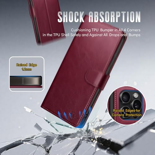 Wallet Case for iPhone 15 Pro Max 6.7", Wine Red | RFID-Blocking Card Holder, Kickstand, Magnetic Closure, PU Leather Folio Flip Cover, Protective Women Men Cases - color: Wine Red, size: iPhone 15 Pro Max