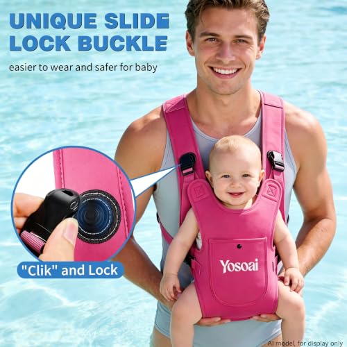 Yosoai Premium Neoprene Water Baby Carrier, Safer Wider 50mm Strap & 60mm Slide Lock Buckle, Ergonomic X+H Back Support, Quick Dry Land & Water Baby Carrier with Waterproof Phone Pouch - color: Hot Pink