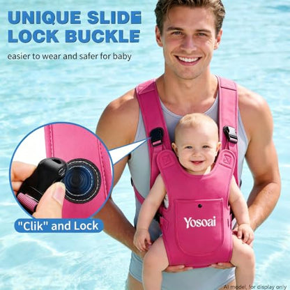Yosoai Premium Neoprene Water Baby Carrier, Safer Wider 50mm Strap & 60mm Slide Lock Buckle, Ergonomic X+H Back Support, Quick Dry Land & Water Baby Carrier with Waterproof Phone Pouch - color: Hot Pink